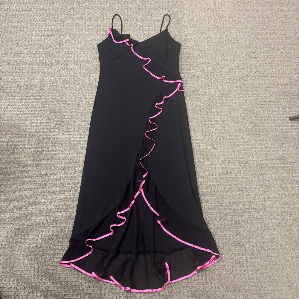 Jessica Black Asymmetrical Slip Dress with Pink Ruffle Trim - Picture 10 of 13